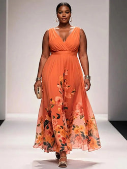 Rose - Robe Longue Col V en Mousseline Florale - Orange