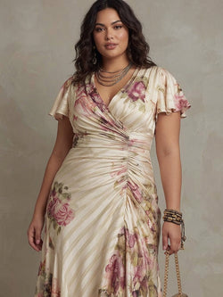 Margaret - Robe Mi-Longue en Satin Floral Vintage - Ivoire