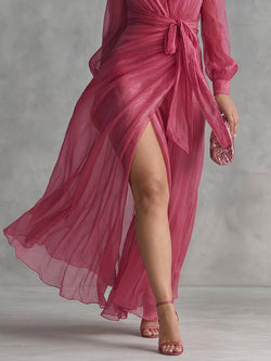 Béatrice - Robe Longue Col V en Mousseline Taille Nouée - Rose