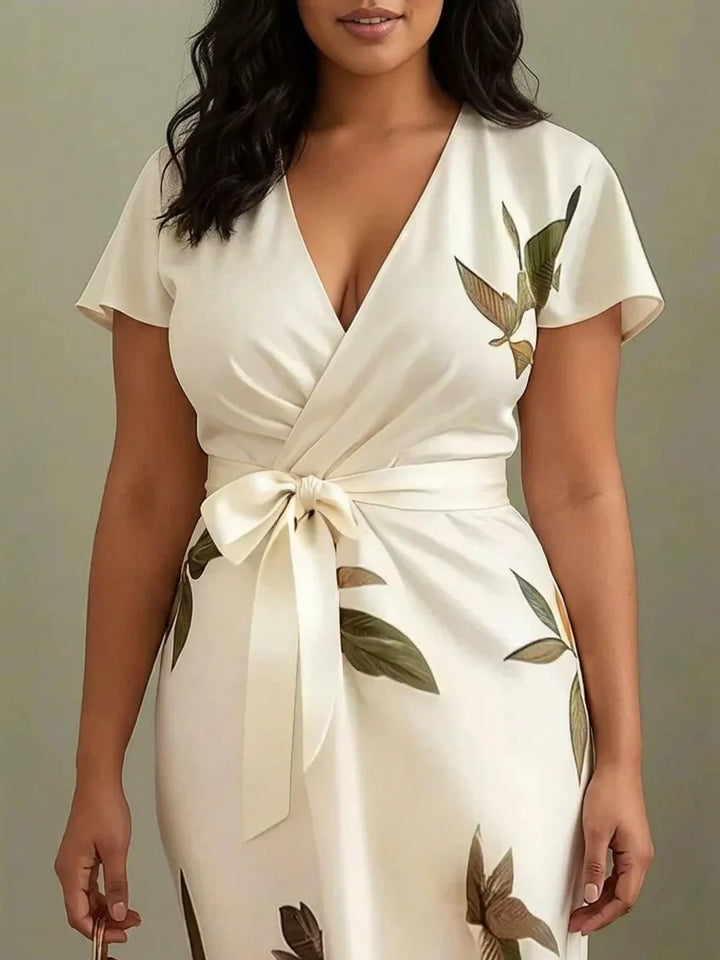 Judy - Robe Mi-Longue en Satin Manches Courtes Feuillage - Blanc