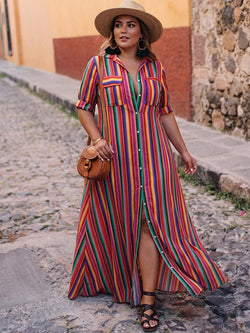 Nancy - Ensemble Chemise Rayée & Jupe Longue - Rouge