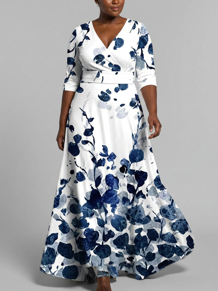 Léa - Robe Longue Élégante Manches Mi-Longues - Bleu