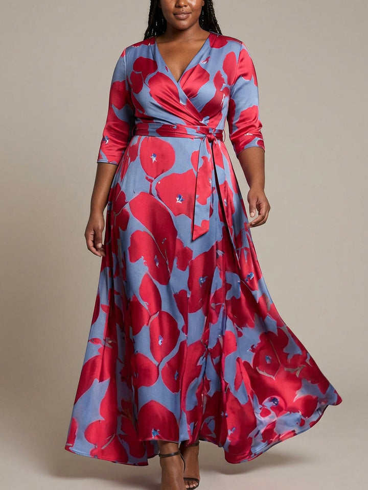 Léa - Robe Longue Élégante Manches Mi-Longues - Bleu Rouge
