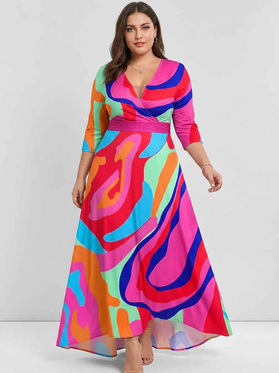 Léa - Robe Longue Élégante Manches Mi-Longues - Multicolore