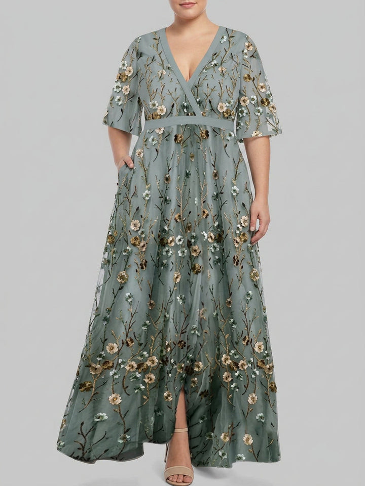 Léa - Robe Longue Élégante Manches Mi-Longues - Gris