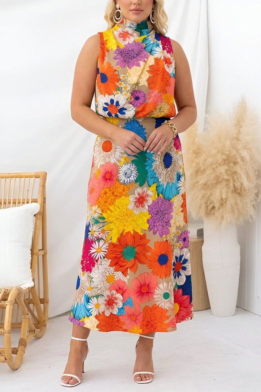 Summer - Robe Longue Sans Manches Col Noué Imprimé Floral - Fleuri