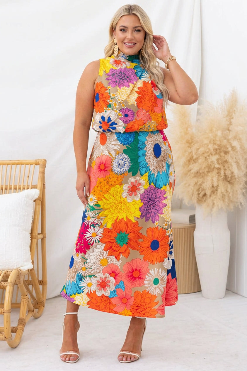 Summer - Robe Longue Sans Manches Col Noué Imprimé Floral - Fleuri