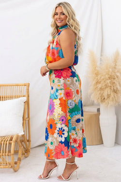 Summer - Robe Longue Sans Manches Col Noué Imprimé Floral - Fleuri