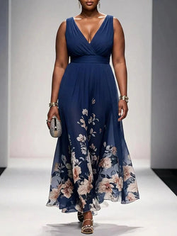 Rose - Robe Longue Col V en Mousseline Florale - Bleu Marine