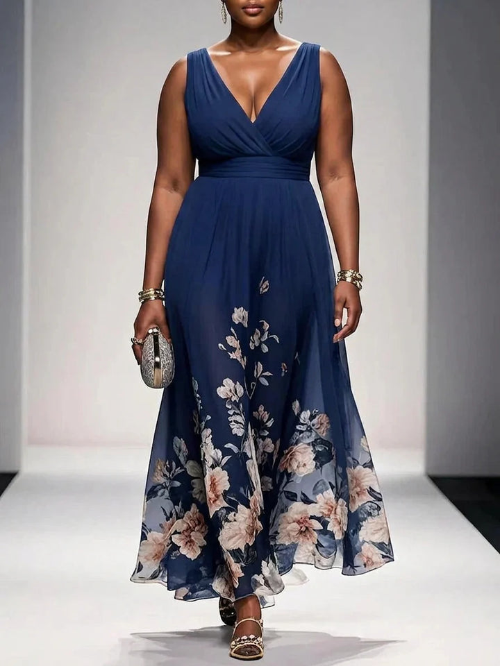 Rose - Robe Longue Col V en Mousseline Florale - Bleu Marine