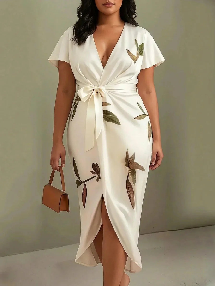 Judy - Robe Mi-Longue en Satin Manches Courtes Feuillage - Blanc