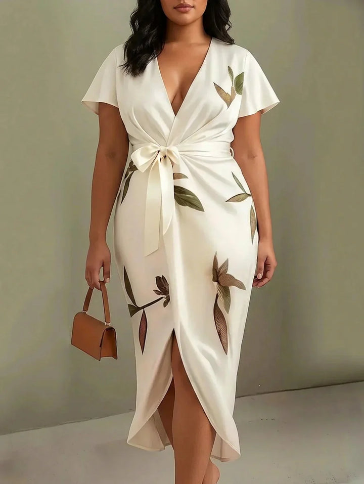 Judy - Robe Mi-Longue en Satin Manches Courtes Feuillage - Blanc