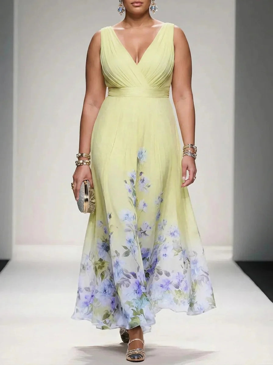 Rose - Robe Longue Col V en Mousseline Florale - Jaune