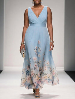 Rose - Robe Longue Col V en Mousseline Florale - Bleu Clair