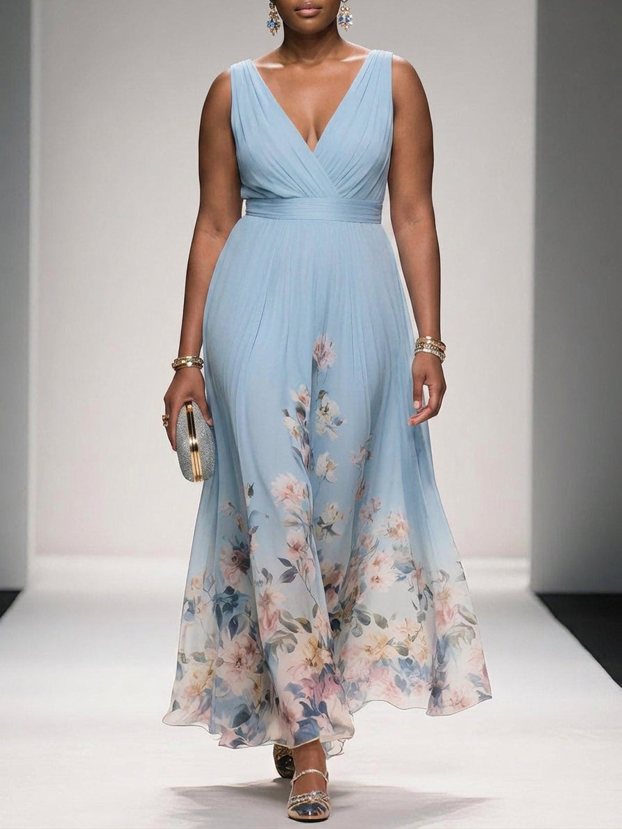 Rose - Robe Longue Col V en Mousseline Florale - Bleu Clair