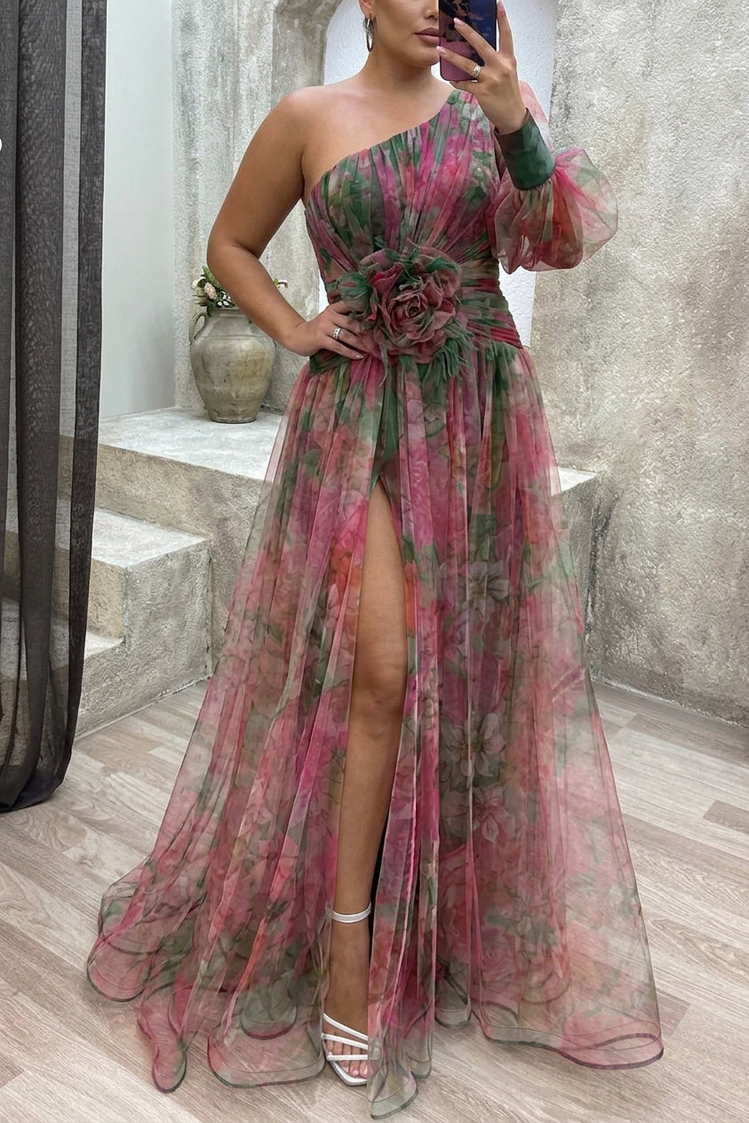 Grace - Robe Longue Plissée Imprimé Floral - Orange