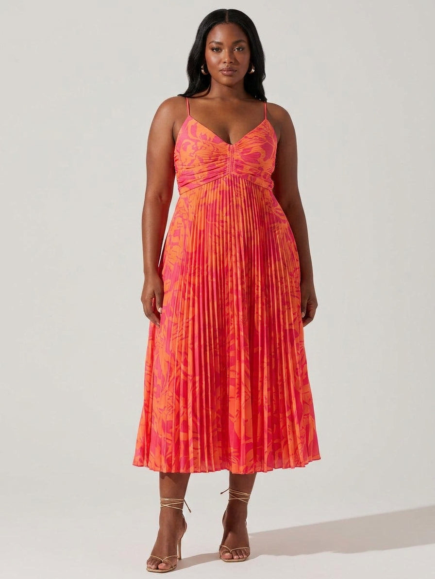 Heather - Robe Mi-Longue Plissée Imprimé Floral - Rouge
