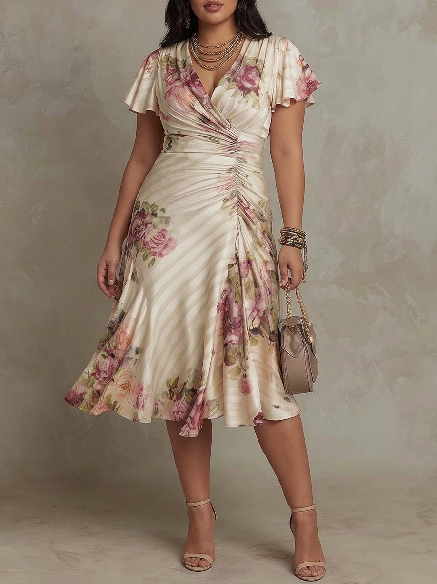 Margaret - Robe Mi-Longue en Satin Floral Vintage - Ivoire