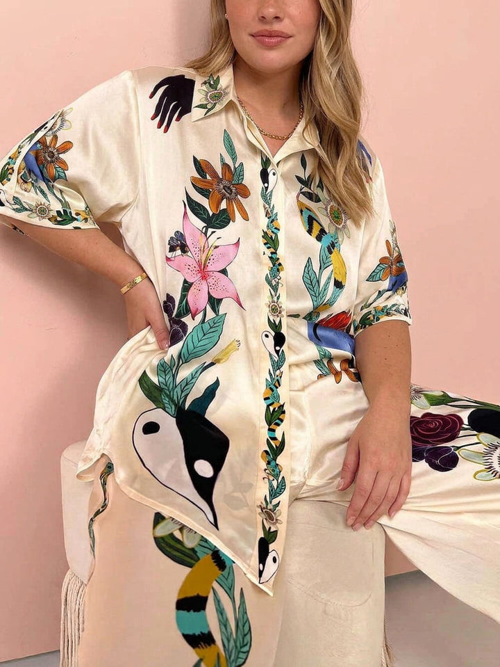 Nika - Ensemble Chemise & Pantalon en Satin Imprimé - Multicolore