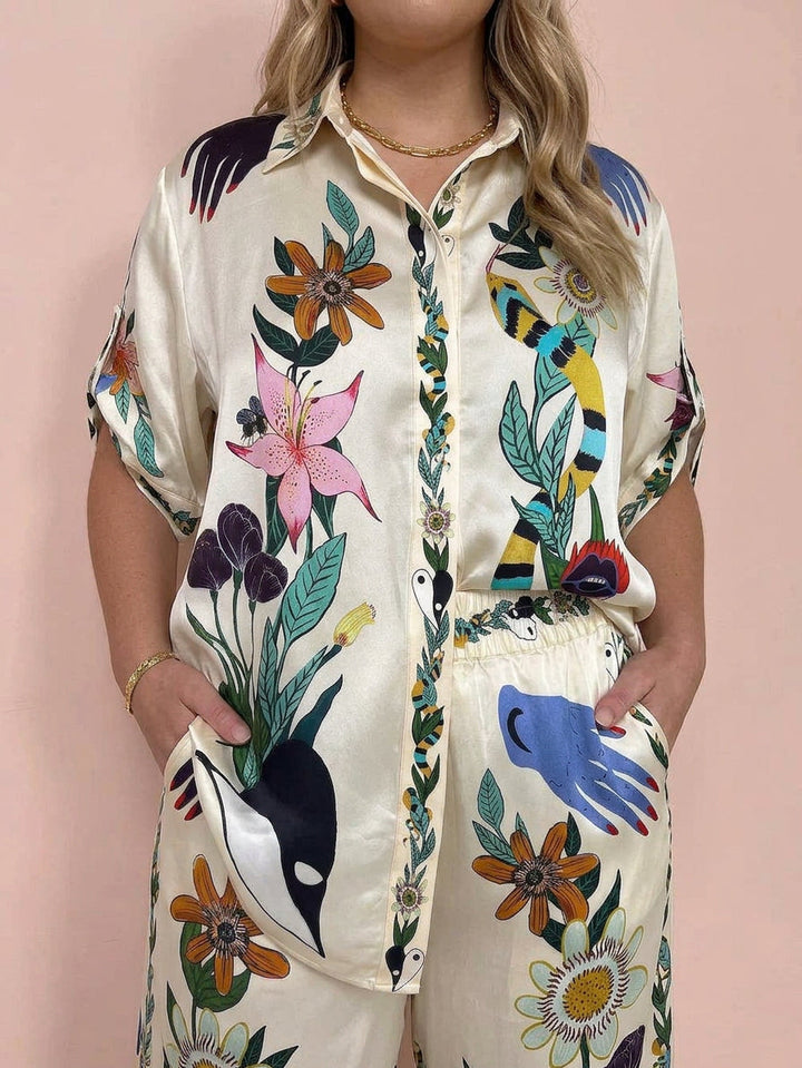Nika - Ensemble Chemise & Pantalon en Satin Imprimé - Multicolore