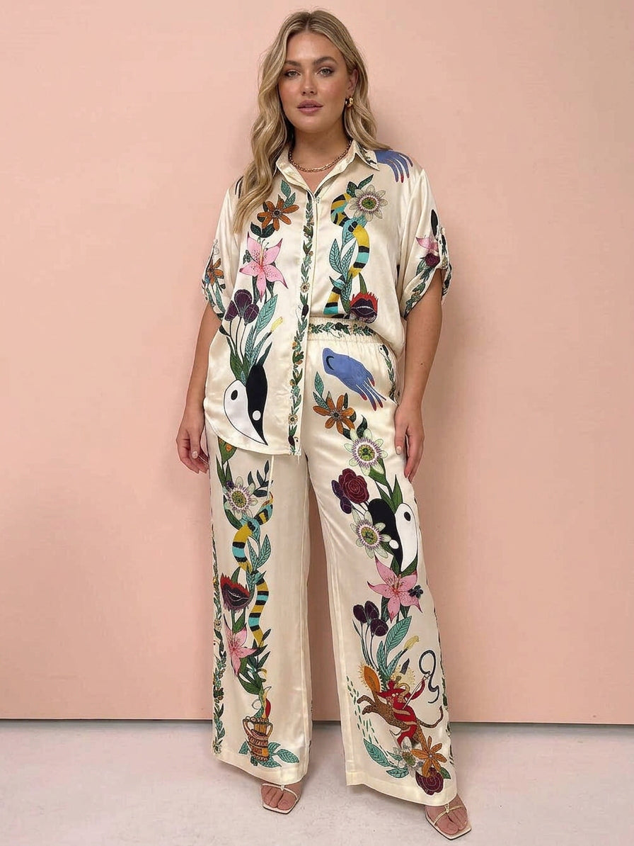 Nika - Ensemble Chemise & Pantalon en Satin Imprimé - Multicolore