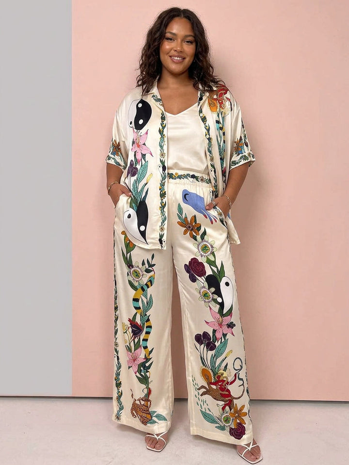Nika - Ensemble Chemise & Pantalon en Satin Imprimé - Multicolore