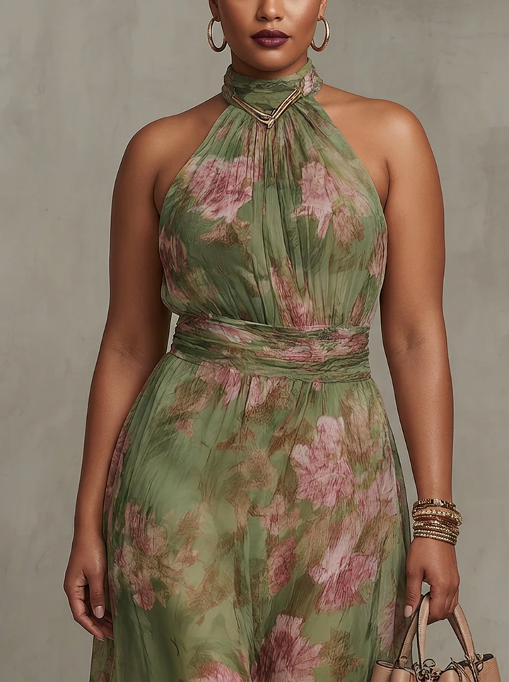 Florence - Robe Longue Dos-Nu en Mousseline Florale - Vert
