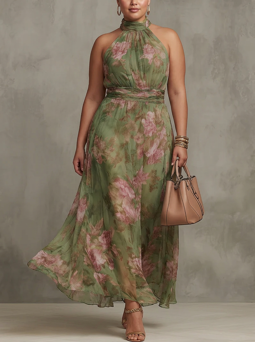 Florence - Robe Longue Dos-Nu en Mousseline Florale - Vert