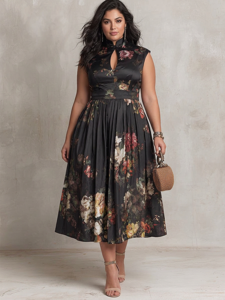 Patricia - Robe Mi-Longue Plissée en Satin Floral - Noir