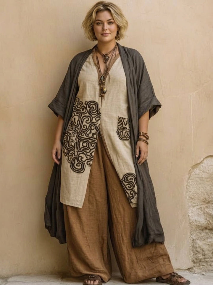 Sophie - Ensemble Trois Pièces Imprimé Tribal - Gris Taupe