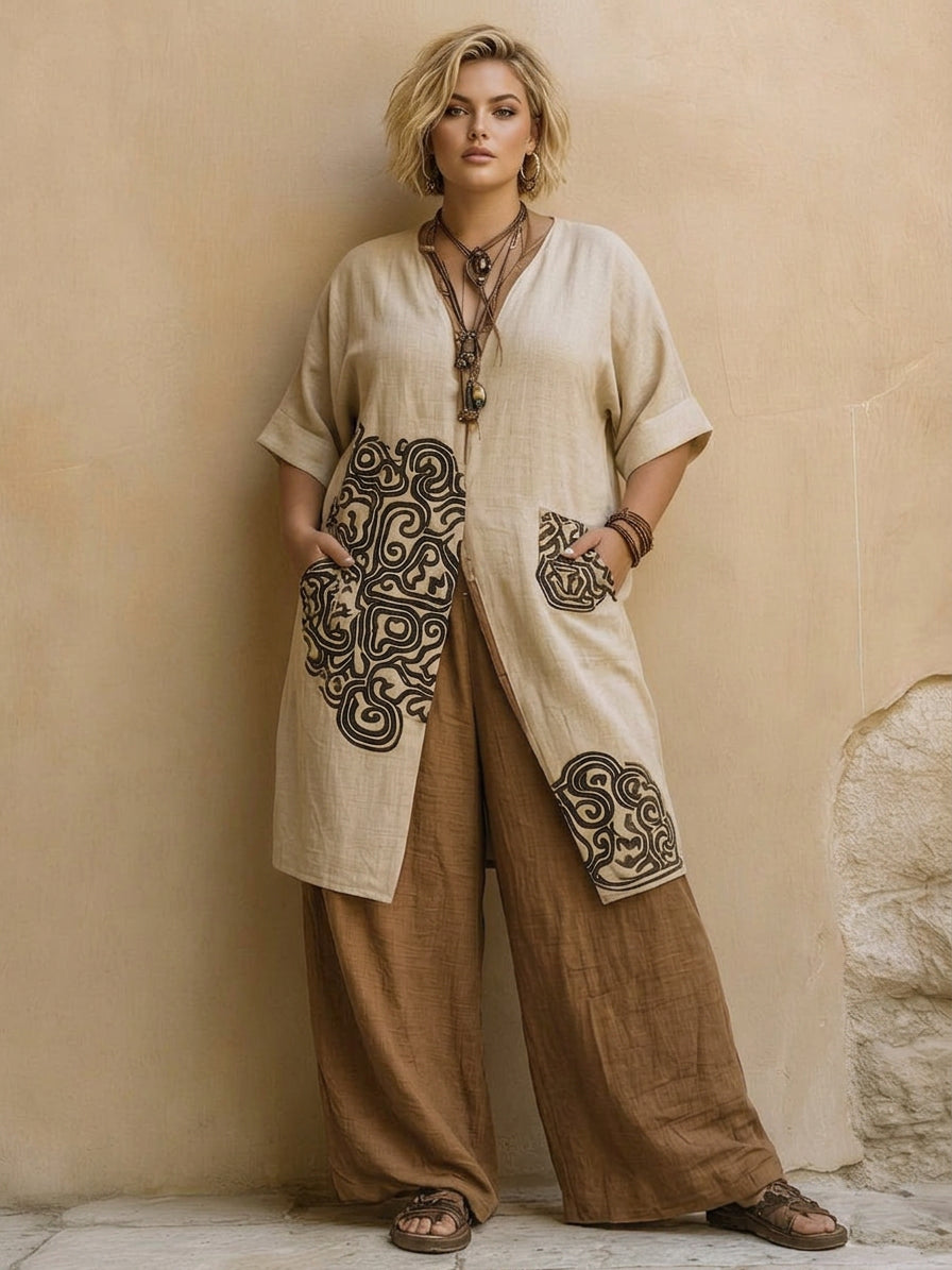 Sophie - Ensemble Trois Pièces Imprimé Tribal - Gris Taupe