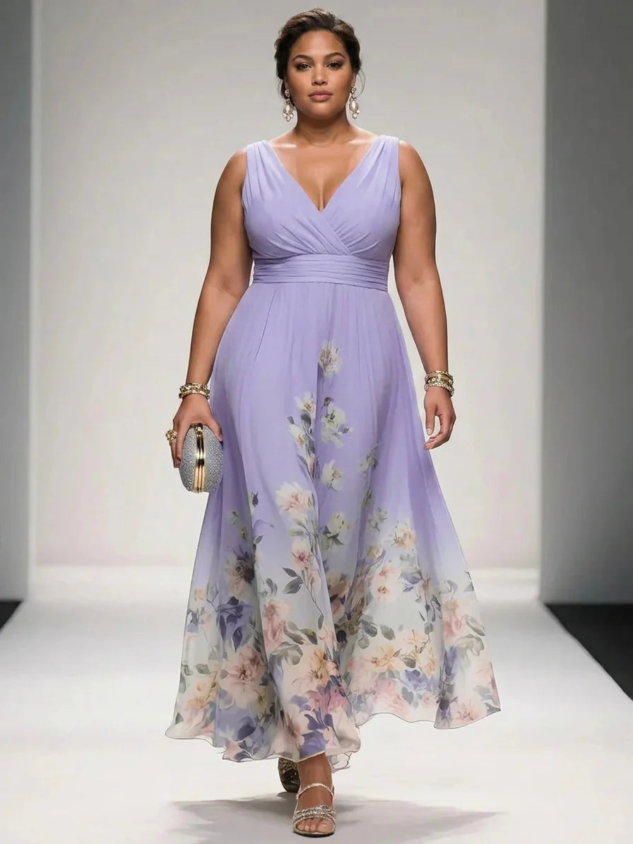 Rose - Robe Longue Col V en Mousseline Florale - Violet