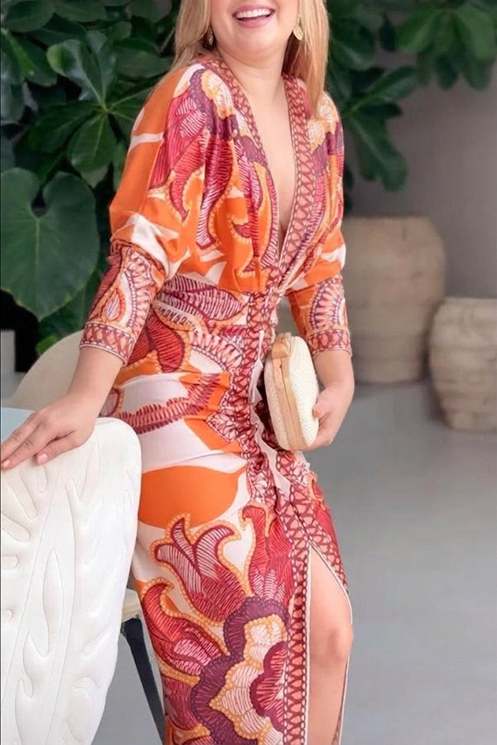 Eva - Robe Mi-Longue Manches Chauve-Souris Imprimé Unique - Orange