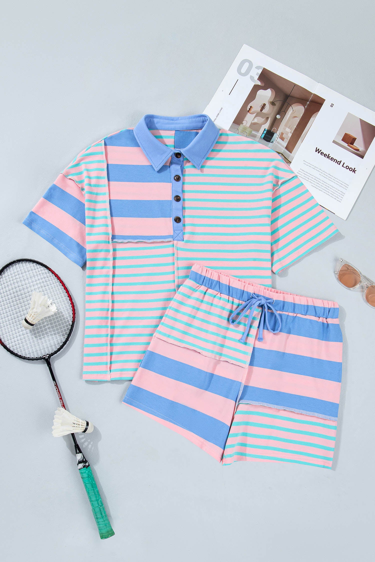 Ensemble Short Rayé | Coutures Apparentes Rose