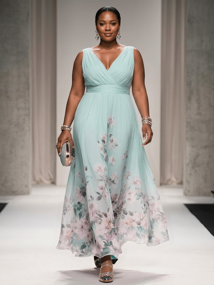 Rose - Robe Longue Col V en Mousseline Florale - Vert Clair