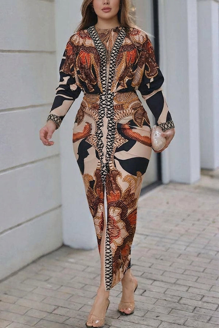 Eva - Robe Mi-Longue Manches Chauve-Souris Imprimé Unique - Marron