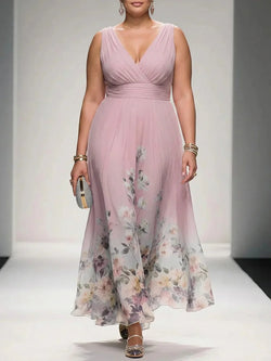 Rose - Robe Longue Col V en Mousseline Florale - Bleu Marine