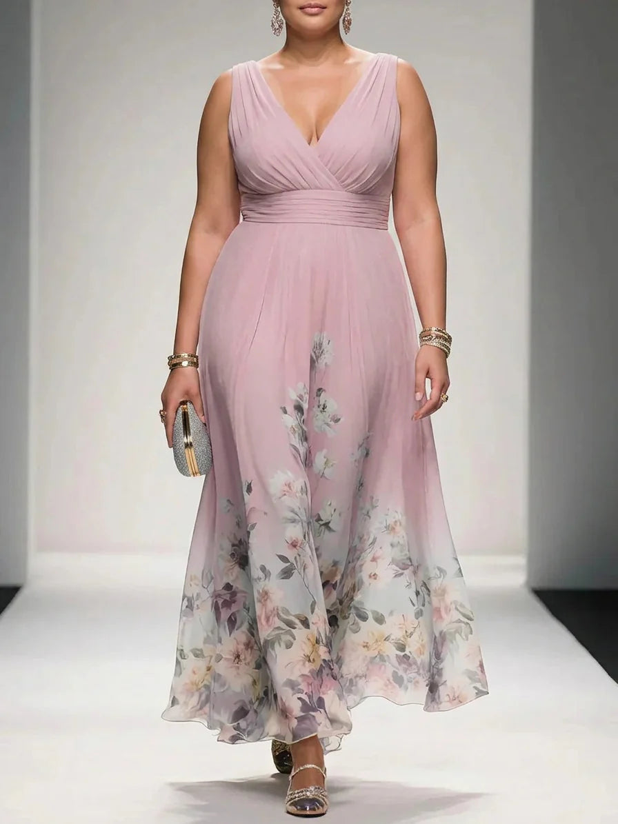 Rose - Robe Longue Col V en Mousseline Florale - Bleu Marine