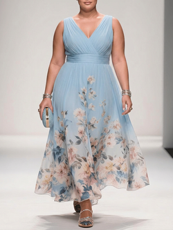Rose - Robe Longue Col V en Mousseline Florale - Vert