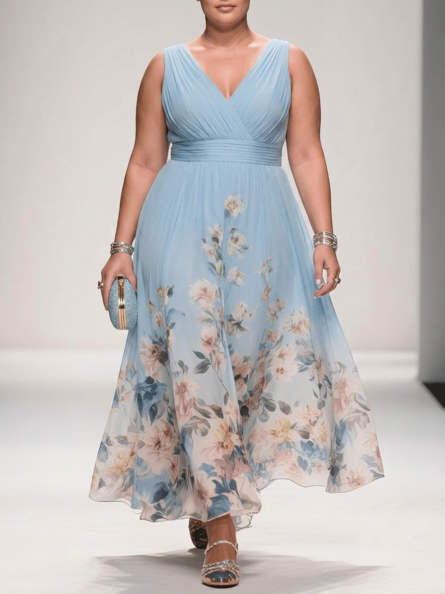 Rose - Robe Longue Col V en Mousseline Florale - Violet